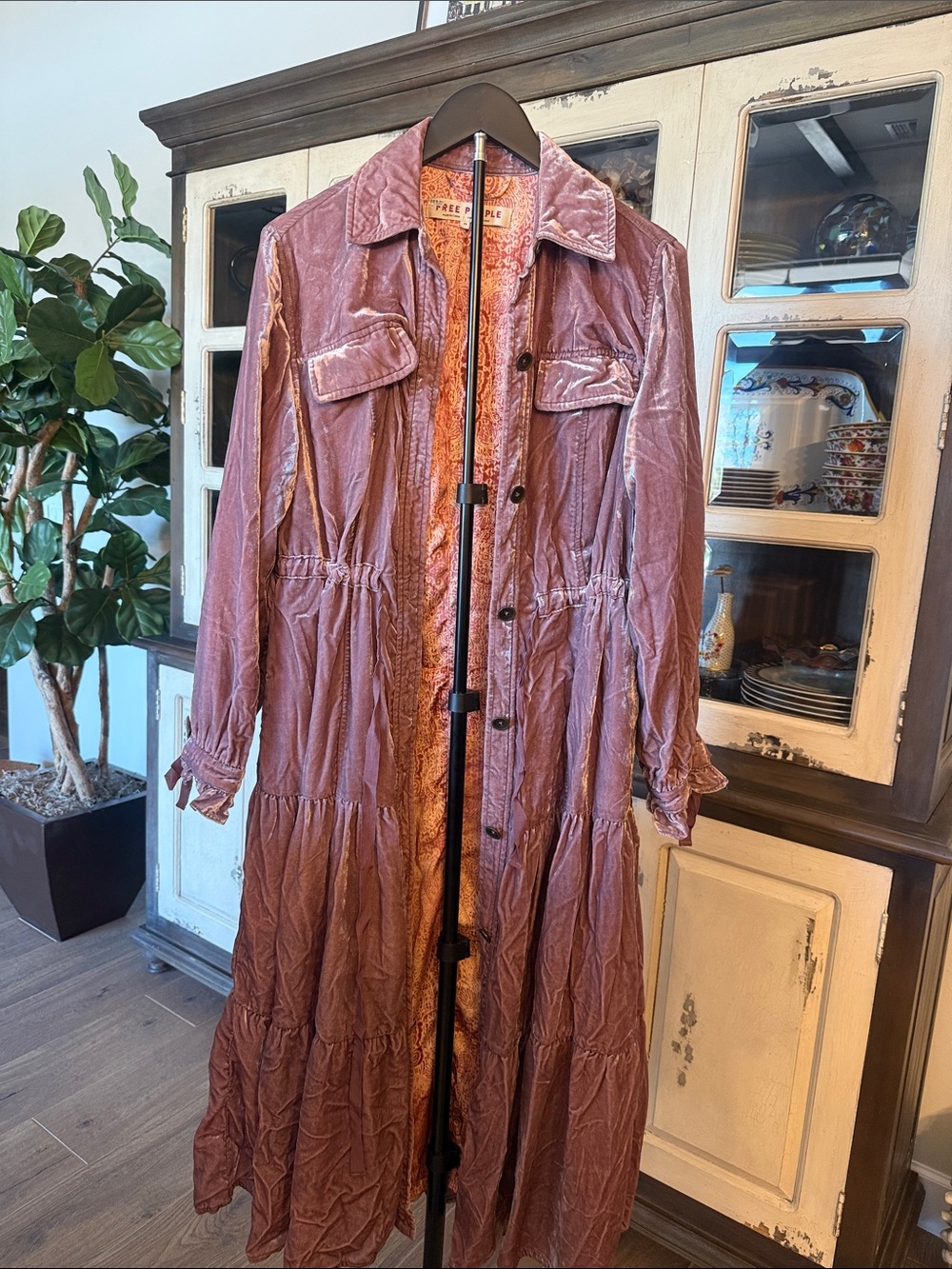 Free People Dusky Rose Velvet Long Trench Coat